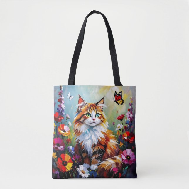 Cute Whimsical  Cat, Flowers and Butterflies Tote Bag (Front)