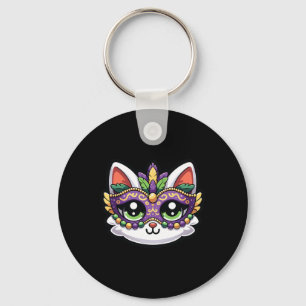 Cute Whimsical Cat In Festive Mardi Gras Mask Key Ring