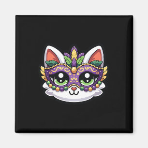Cute Whimsical Cat In Festive Mardi Gras Mask Magnet