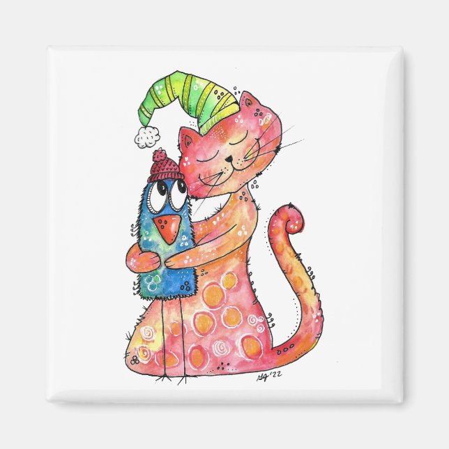 Cute Whimsical Cat Loves Bird Magnet (Front)
