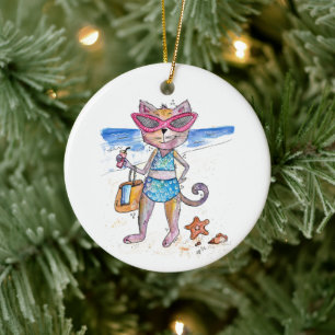 Cute Whimsical Cat on the Beach Ceramic Tree Decoration