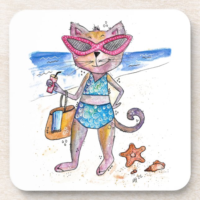 Cute Whimsical Cat on the Beach Coaster (Front)