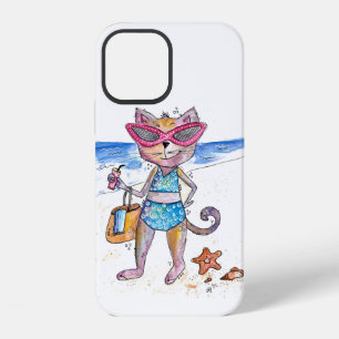 Cute Whimsical Cat on the Beach iPhone 12 Case