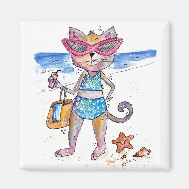 Cute Whimsical Cat on the Beach Magnet (Front)