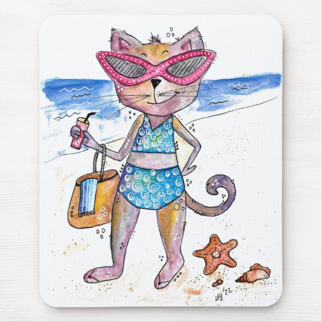 Cute Whimsical Cat on the Beach Mouse Pad (Front)