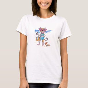 Cute Whimsical Cat on the Beach T-Shirt