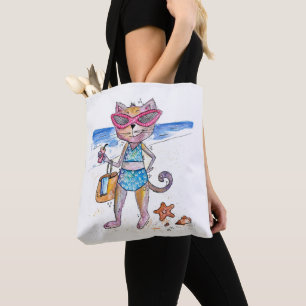 Cute Whimsical Cat on the Beach Tote Bag