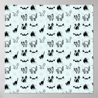 Cute Whimsical Cat Pattern Black White Pale Blue Poster