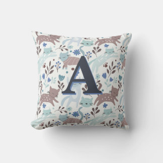 Cute Whimsical Cat Pattern, Blue and Grey Monogram Cushion