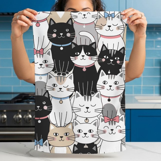 Cute Whimsical Cat Pattern Tea Towel (Creator Uploaded)