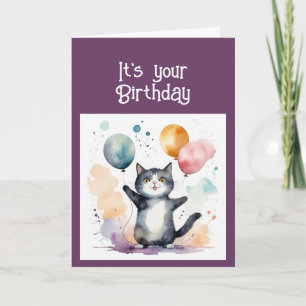 Cute Whimsical Cat Playing Balloons Birthday Fun Holiday Card