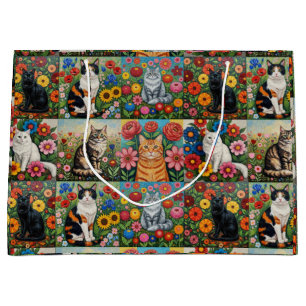 Cute Whimsical Cats and Folk Art Flowers Large Gift Bag