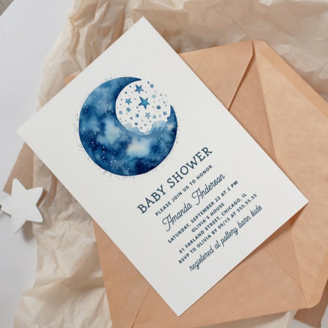Cute whimsical celestial blue moon baby shower invitation (Creator Uploaded)