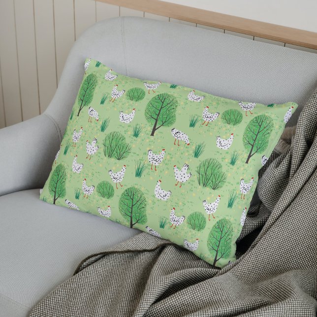 Cute Whimsical Chicken Meadow Green Field Hens Decorative Cushion (Creator Uploaded)