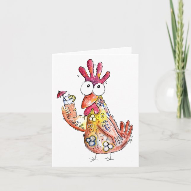 Cute Whimsical Chicken with Tropical Drink Card (Front)
