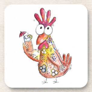 Cute Whimsical Chicken with Tropical Drink Coaster
