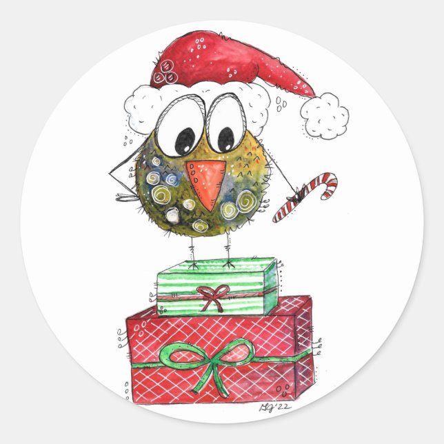 Cute Whimsical Christmas Bird Classic Round Sticker (Front)
