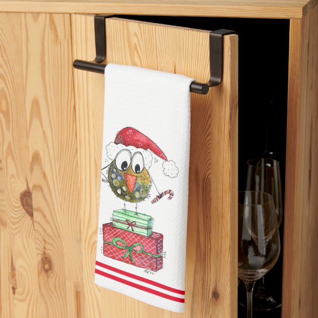Cute Whimsical Christmas Bird Kitchen Towels (Thirds Fold)