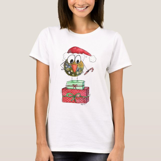 Cute Whimsical Christmas Bird T-Shirt (Front)