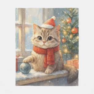 Cute Whimsical Christmas cat Fleece Blanket