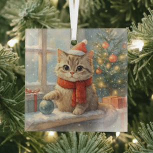 Cute Whimsical Christmas cat Glass Tree Decoration