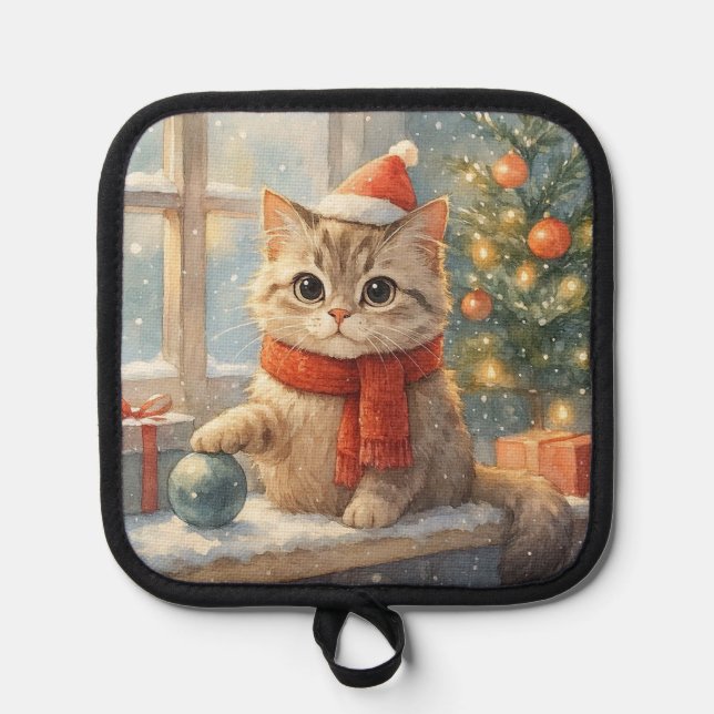 Cute Whimsical Christmas cat Pot Holder (Front)
