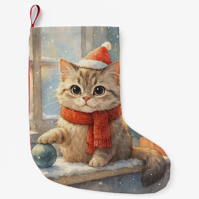 Cute Whimsical Christmas cat Small Christmas Stocking (Front)