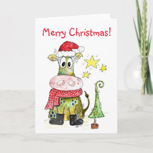 Cute Whimsical Christmas Cow Card