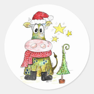 Cute Whimsical Christmas Cow Classic Round Sticker