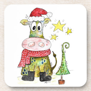 Cute Whimsical Christmas Cow Coaster