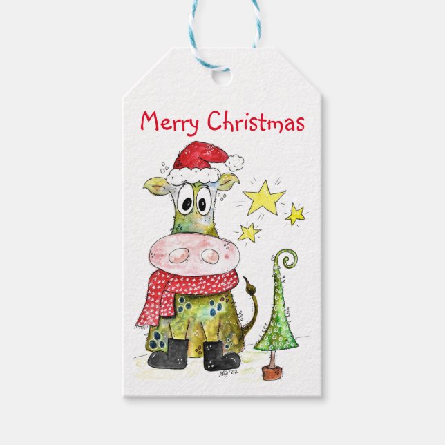 Cute Whimsical Christmas Cow Gift Tags (Front)