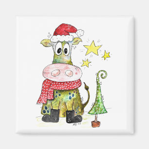 Cute Whimsical Christmas Cow Magnet