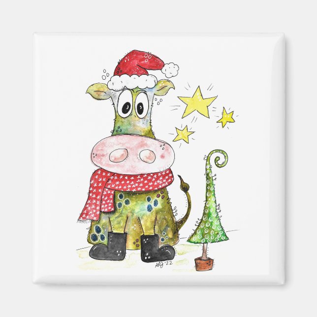 Cute Whimsical Christmas Cow Magnet (Front)