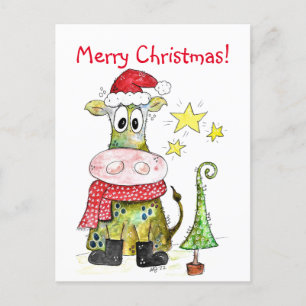 Cute Whimsical Christmas Cow Postcard