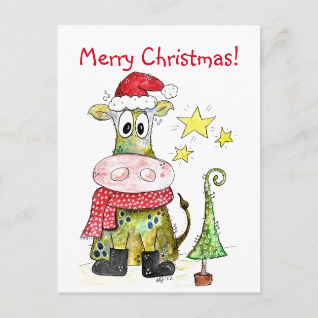 Cute Whimsical Christmas Cow Postcard (Front)