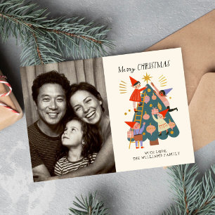 Cute Whimsical Christmas Elves and Tree Family i Card