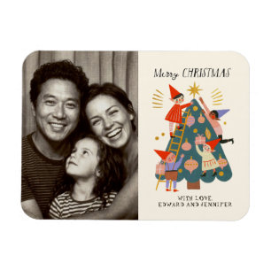 Cute Whimsical Christmas Elves and Tree Family Magnet