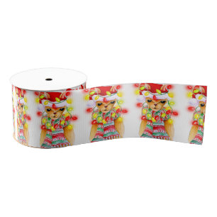Cute whimsical Christmas Llama watercolor pattern Grosgrain Ribbon