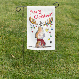Cute Whimsical Christmas Moose Garden Flag