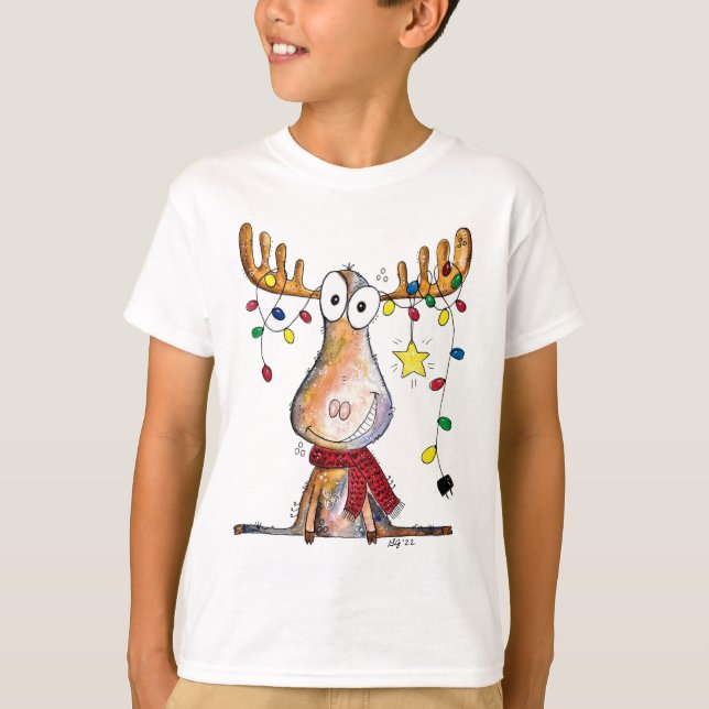 Cute Whimsical Christmas Moose T-Shirt (Front)