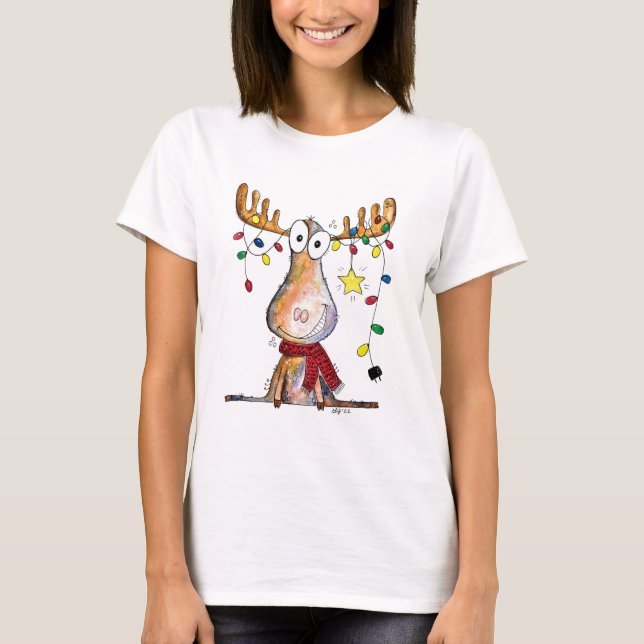 Cute Whimsical Christmas Moose T-Shirt (Front)