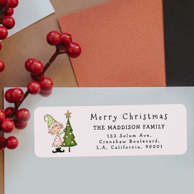 Cute Whimsical Christmas Pink Elf Return Address (Creator Uploaded)