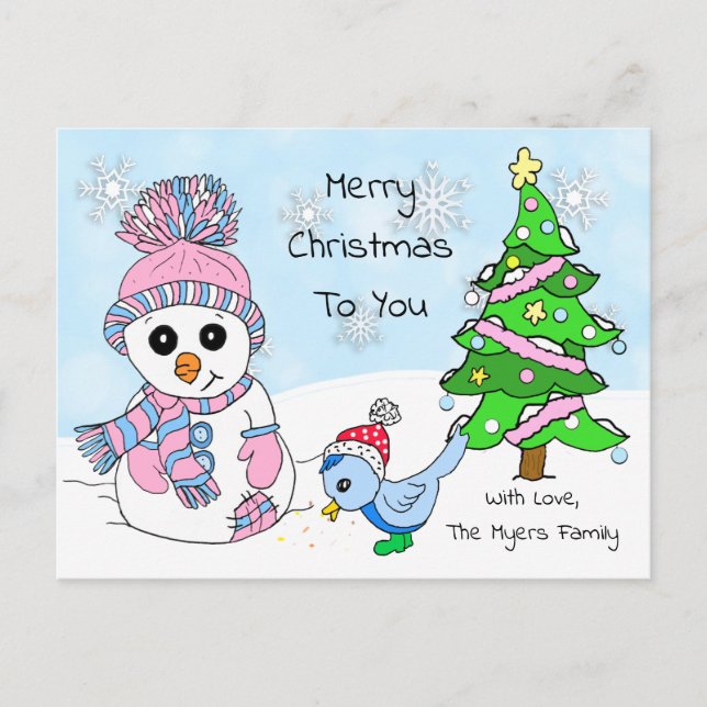 Cute Whimsical Christmas Snowman and Bird Postcard (Front)