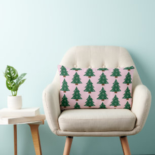Cute Whimsical Christmas Tree Pattern Pink Lumbar Cushion