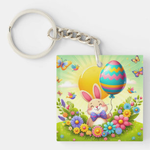 Cute, whimsical & colorful Easter bunny Key Ring