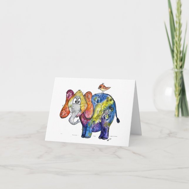 Cute Whimsical Colorful Elephant Card (Front)