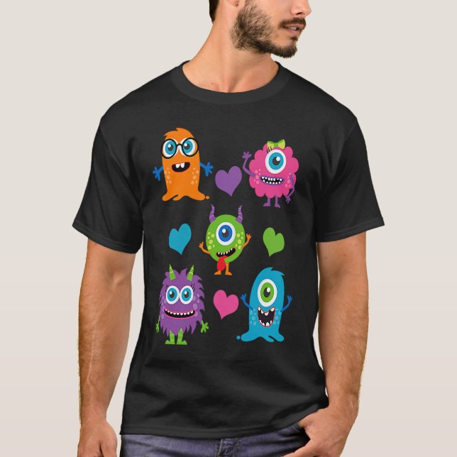 Cute Whimsical Colorful Little Monsters With Heart T-Shirt (Front)