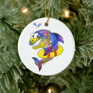 Cute Whimsical Colorful Shark in Float Ceramic Tree Decoration
