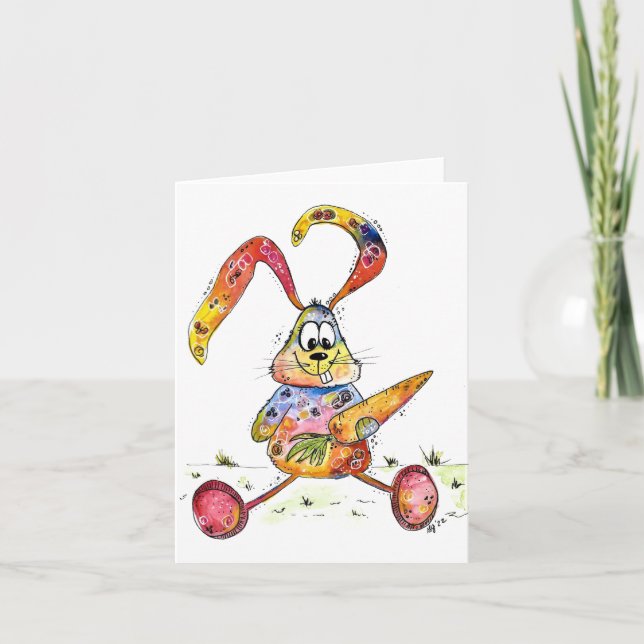 Cute Whimsical Colourful Bunny with Carrot Card (Front)