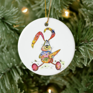 Cute Whimsical Colourful Bunny with Carrot Ceramic Tree Decoration